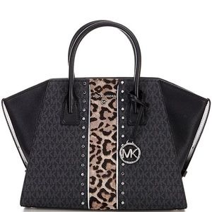 NWT Michael Kors Avril Signature Logo Leopard Print Large Top Zip Satchel Bag